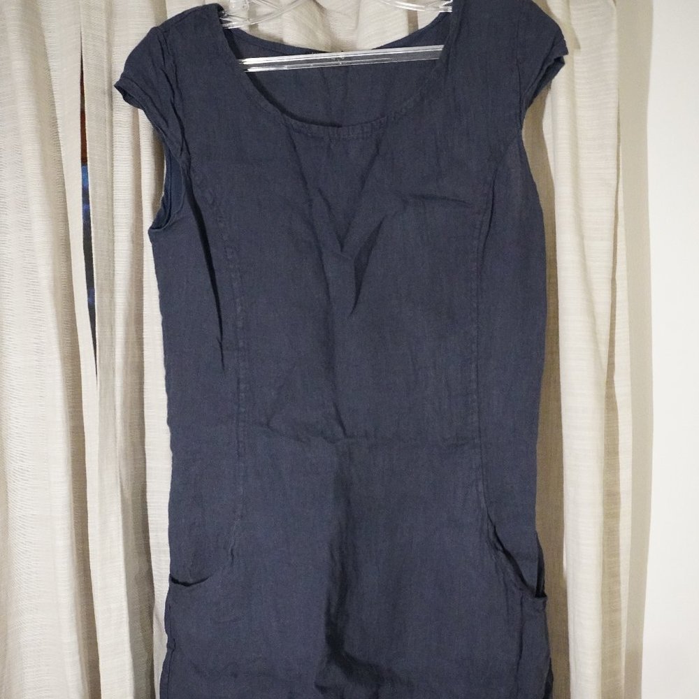 Lungo L’Arno Women's Extra Small Linen Dress. navy blue Cap Sleeves Pockets